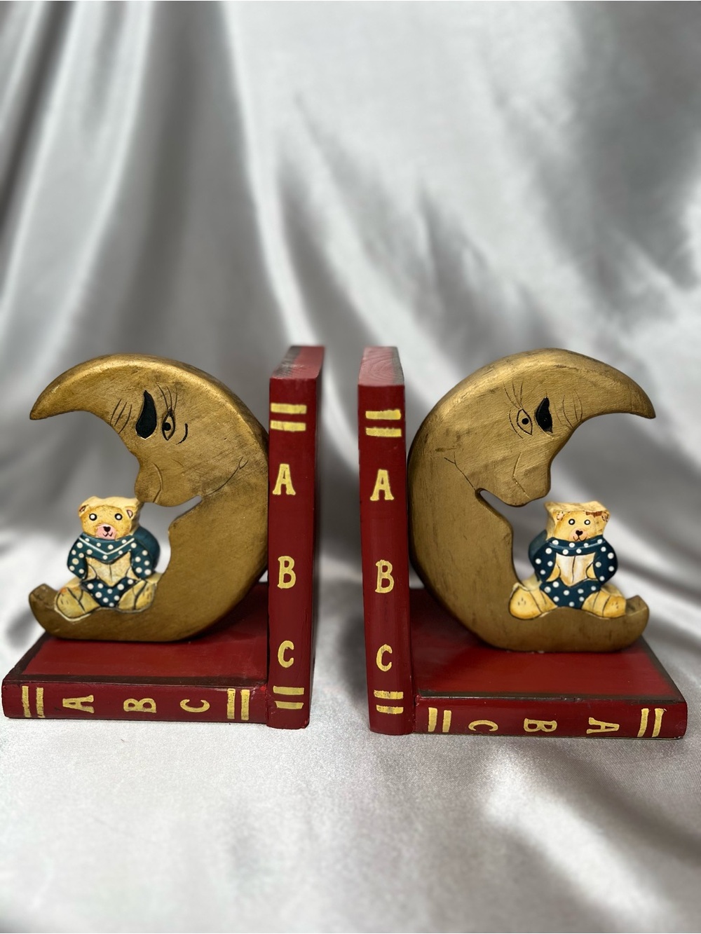 Hand-Painted Moon & Bear Bookends in Red and Gold
